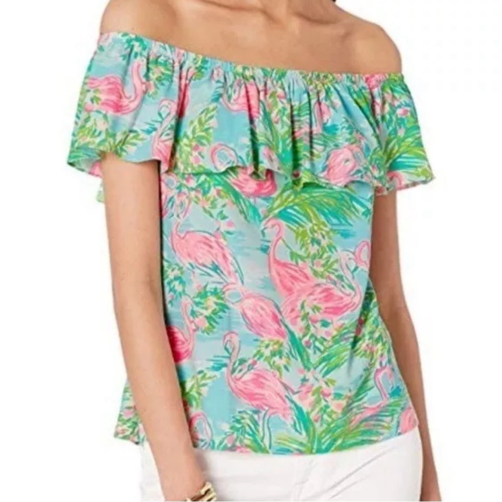 Lilly Pulitzer La Fortuna Off The Shoulder Flamingo Print Ruffle Top